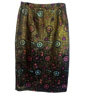Terramina Gold Asian Inspired Floral Midi Skirt Sz 18 Colorful Shiny Blue Pink